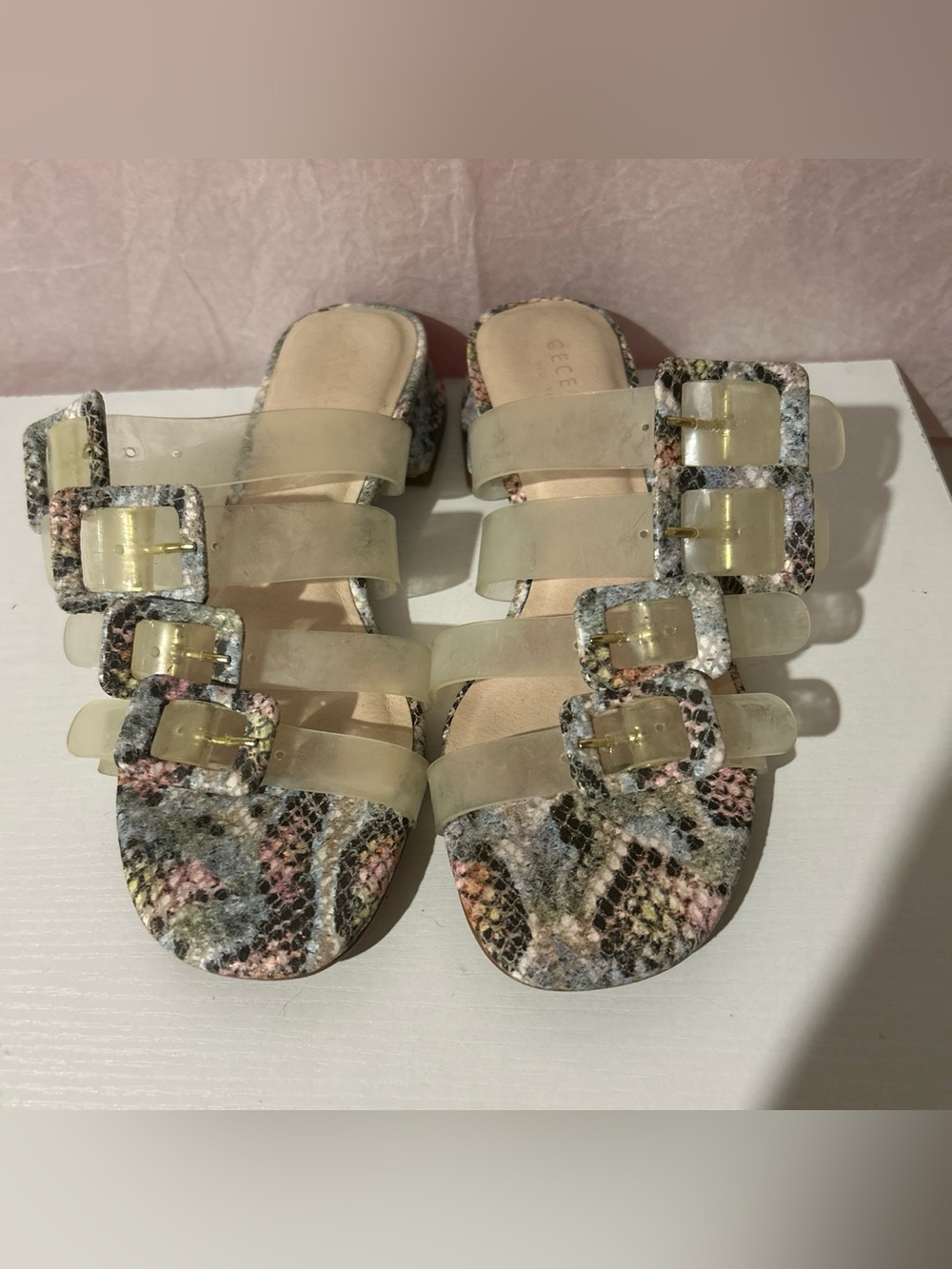 CECELIA NEW YORK Taupe Slide Sandals with Multicolor Snake Print Buckles